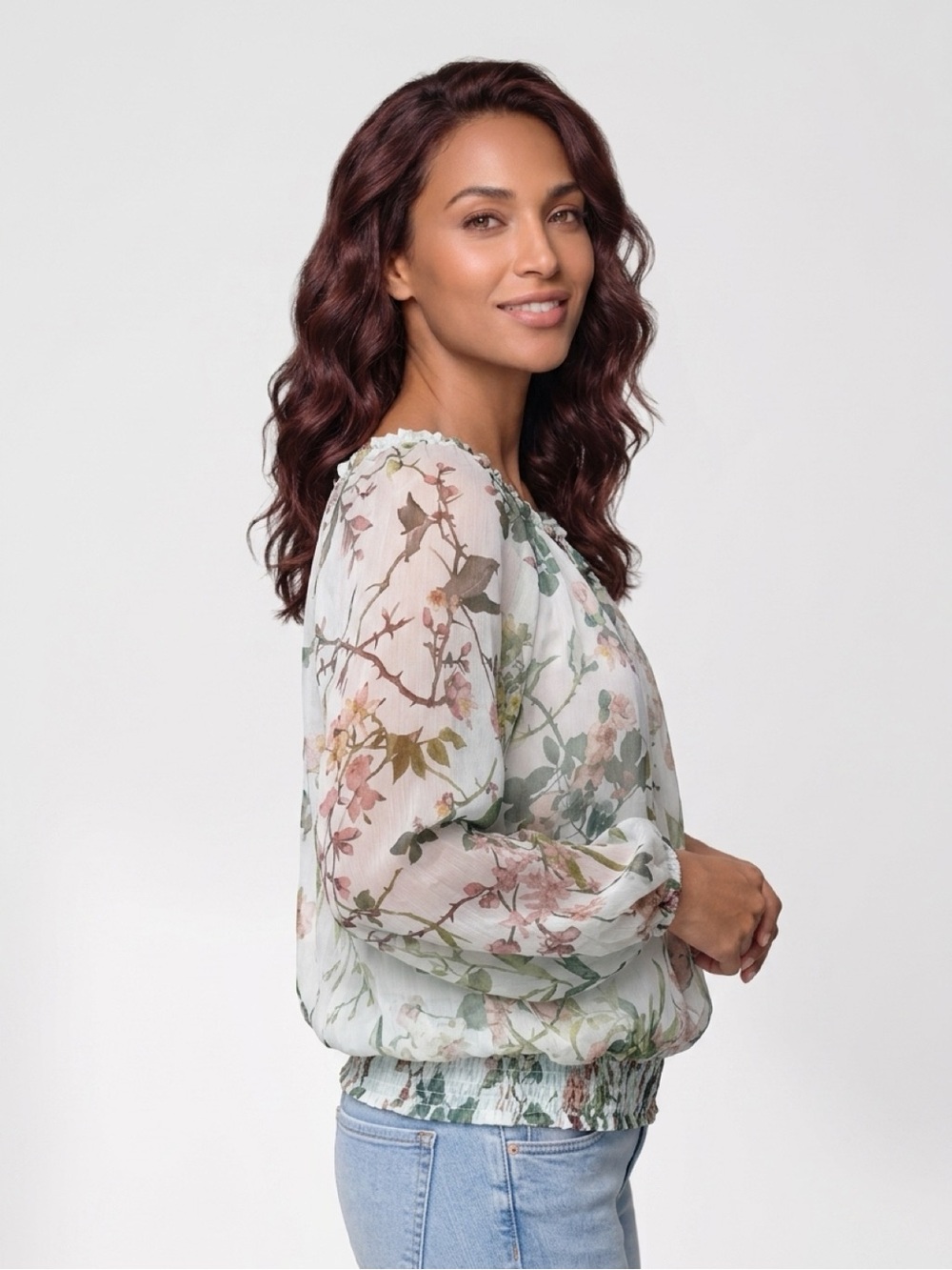 FEMME 100% SILK Floral Blouson Top in Mint and Blush color